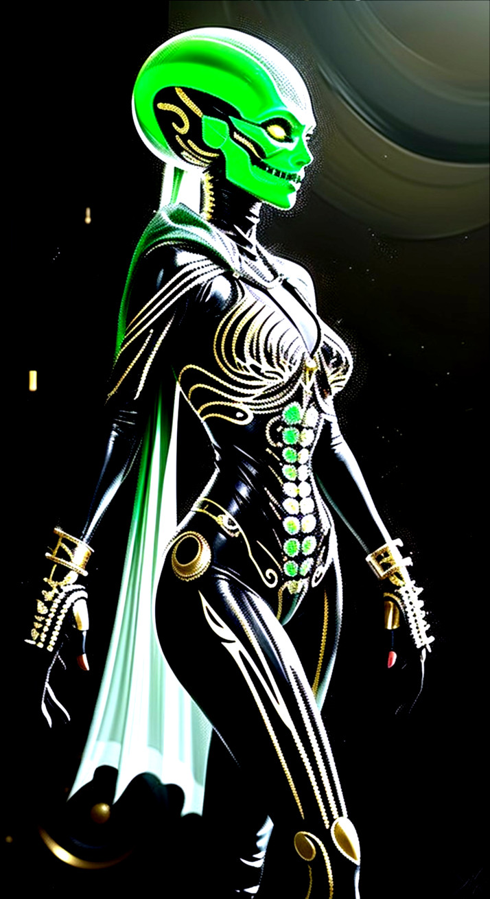 Futuristic Character with Elongated Skull and Green Accents
