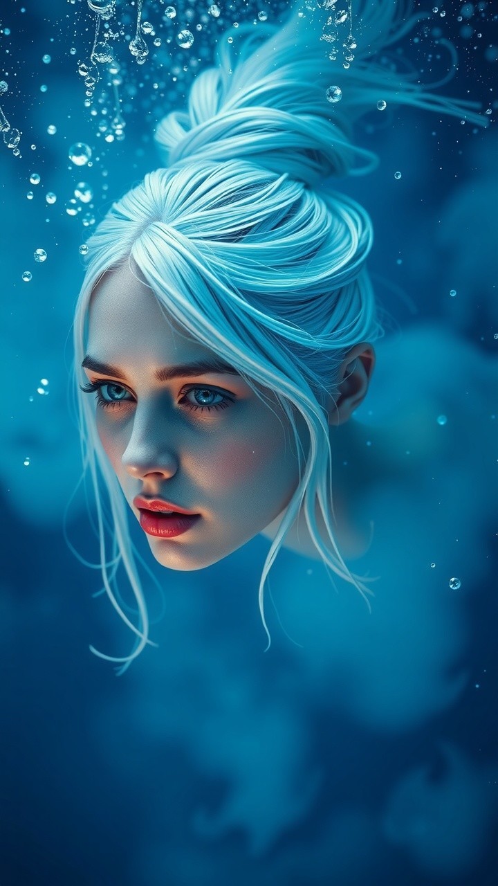 Underwater Scene with Blue-Haired Woman and Bubbles