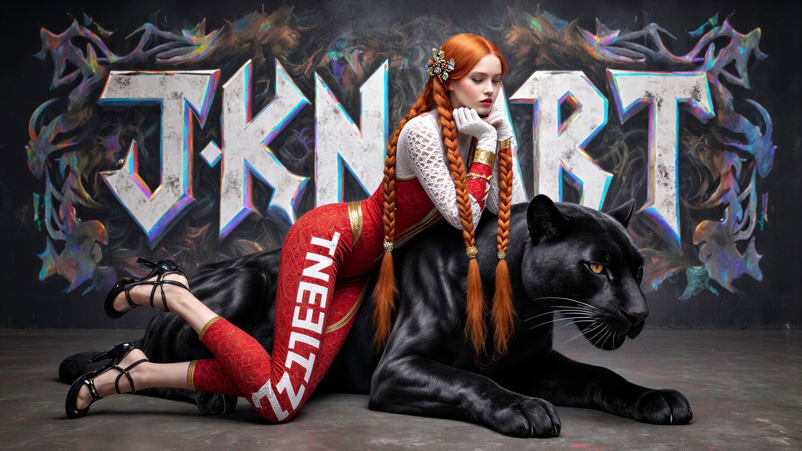 Digital Artwork of Woman in Red Jumpsuit on Panther