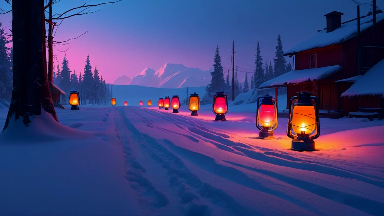 Serene winter landscape with lanterns and twilight hues