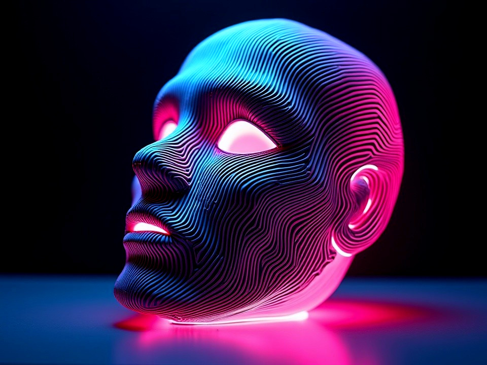 Futuristic Mask with Vibrant Blue and Pink Glow
