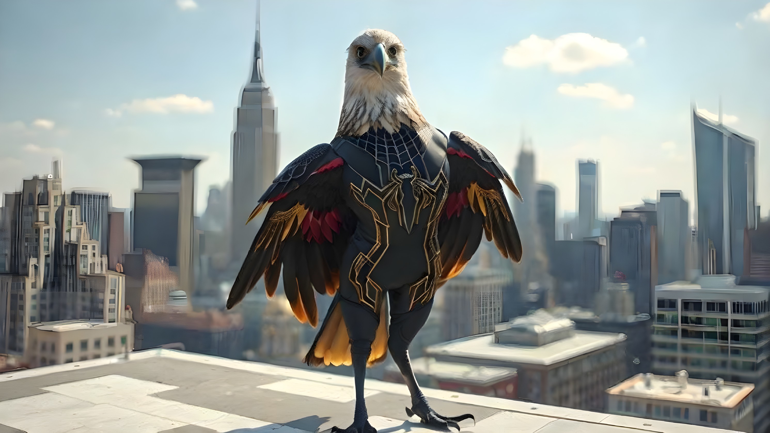 Eagle in Superhero Suit Against City Skyline Backdrop