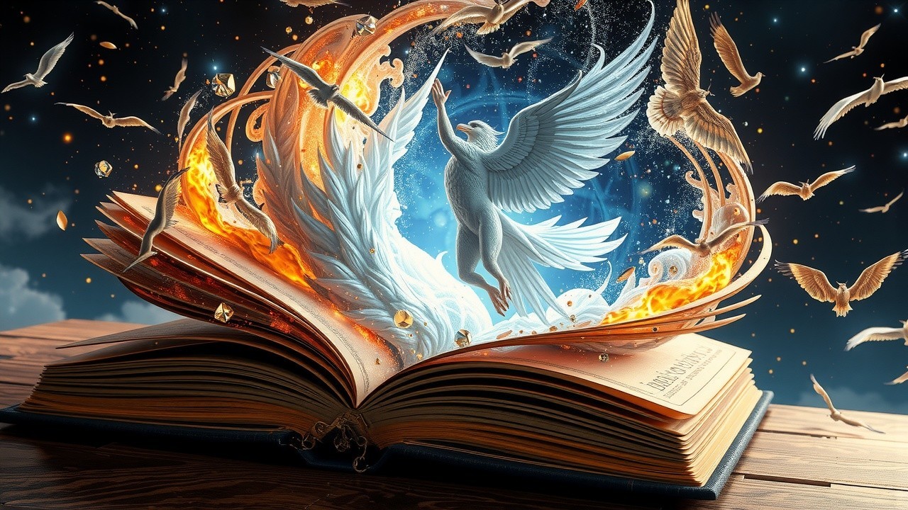 Illustrated Book with Majestic Bird and Ethereal Light