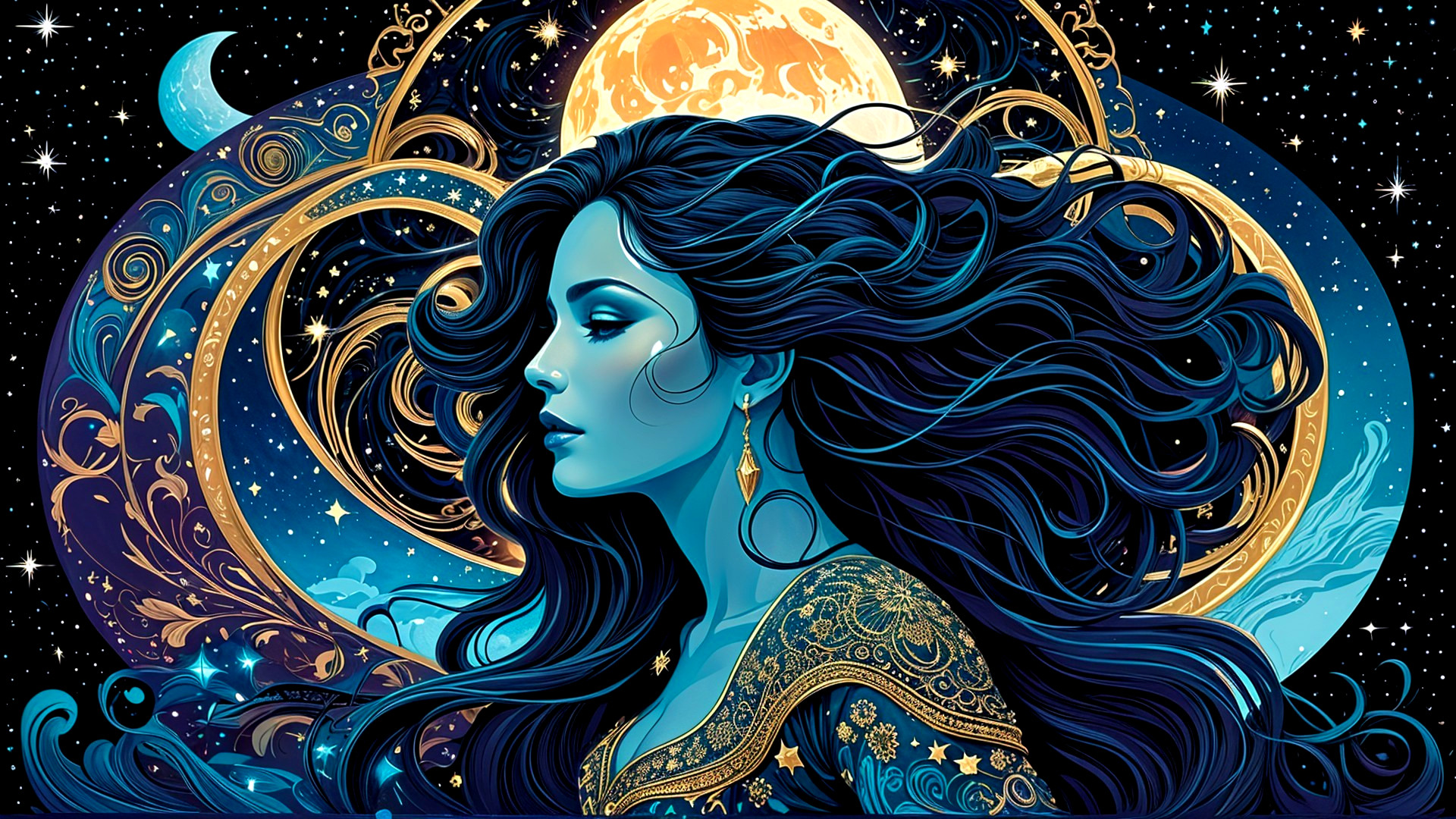 Serene Woman with Cosmic Backdrop and Luminous Moon