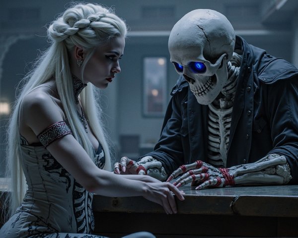 Gothic Scene of Woman and Skeleton Connection