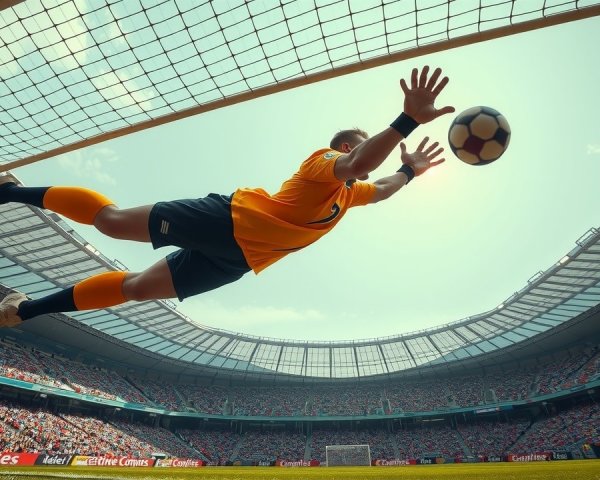 Goalkeeper Making Dramatic Save in Lively Soccer Match