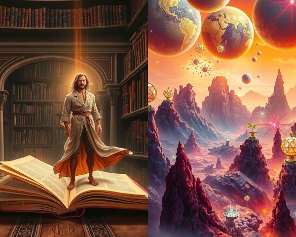Split Scene of Grand Library and Cosmic Landscape