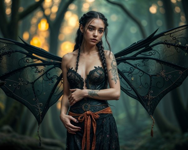 Mystical Forest Scene with Woman and Dark Wings