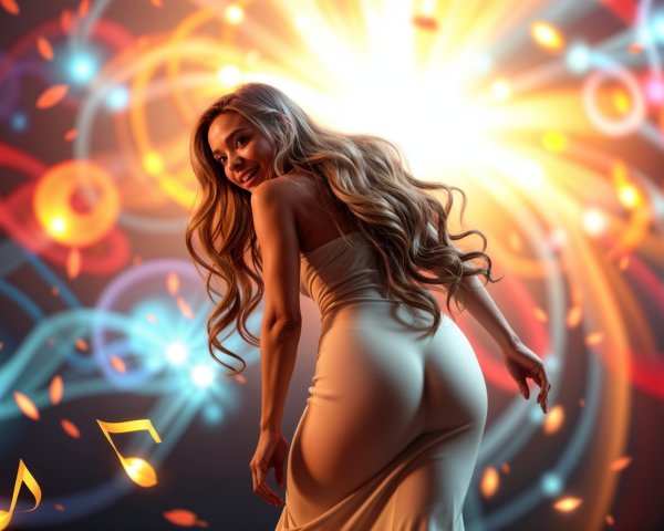 Woman in flowing dress against vibrant musical backdrop