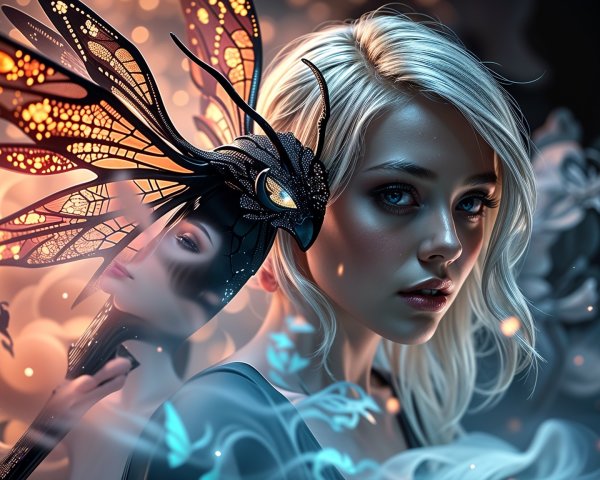 Mystical figure with blue eyes and butterfly mask