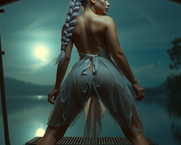 Confident Figure on Platform by Serene Lake at Dusk