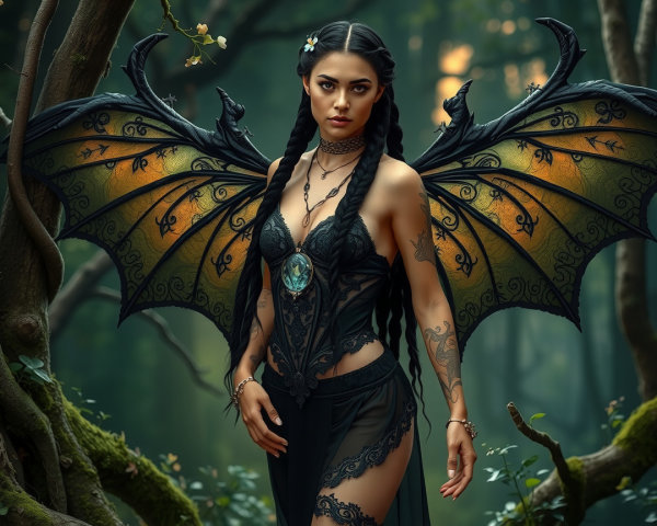 Mystical Figure with Dragonfly Wings in Lush Forest
