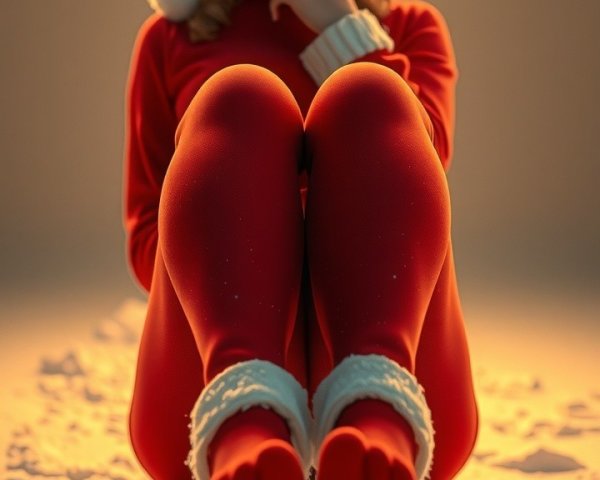 Woman in festive red outfit in snowy holiday setting