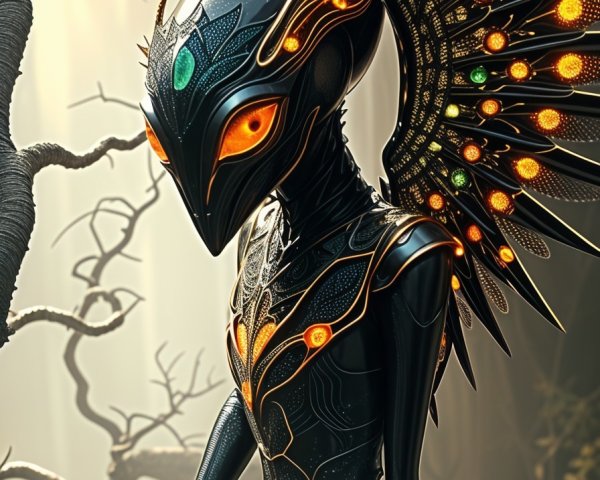 Humanoid Figure with Glossy Skin in Misty Forest