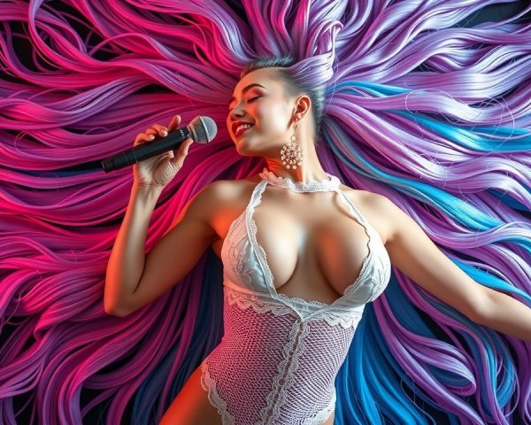 Confident Singer on Colorful Hair Backdrop