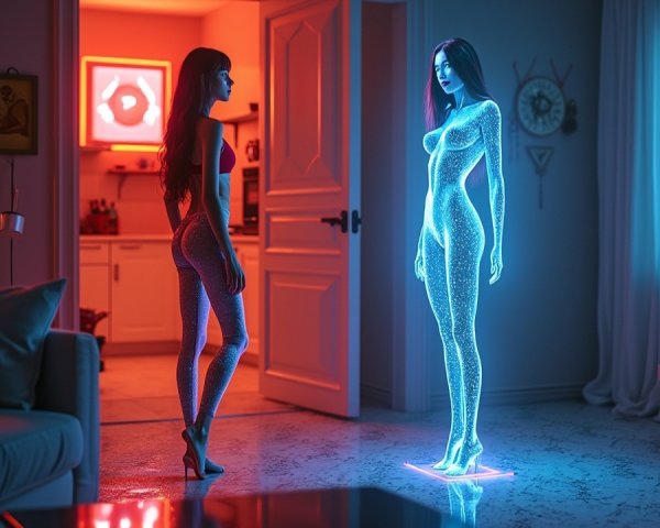 Holographic Figure in a Futuristic Room Setting