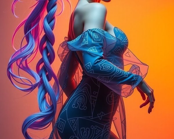 Vibrant Figure with Blue Hair Against Gradient Background