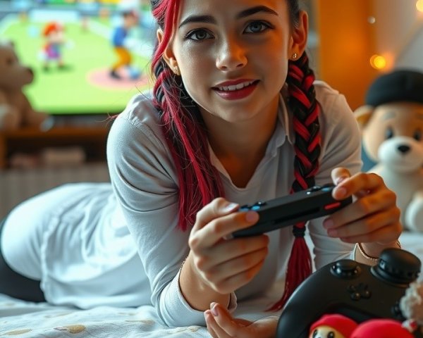 Cozy Bedroom Scene with Girl Playing Video Games