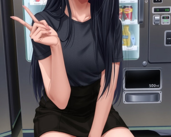 Young woman poses by a vending machine with snacks