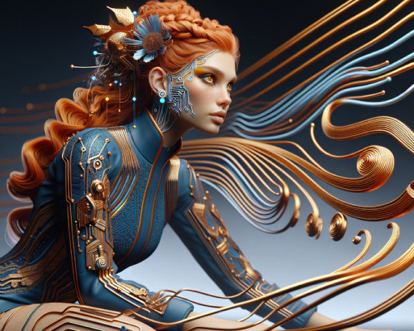 Futuristic female figure with red hair and circuitry bodysuit