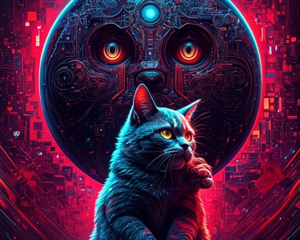 Futuristic Cybernetic Cat with Mechanical Moon Scene