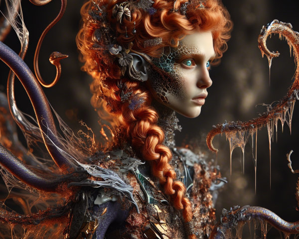Fantasy Character with Orange Braids and Iridescent Armor