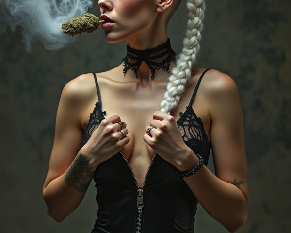 Platinum-haired model in black outfit with cannabis smoke