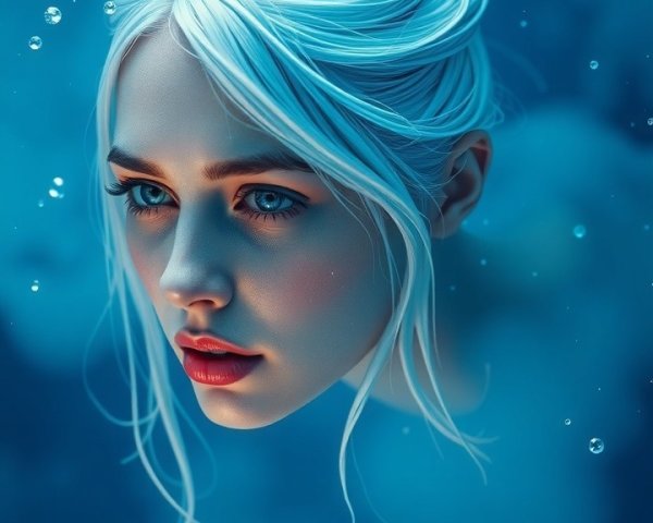 Underwater Scene with Blue-Haired Woman and Bubbles