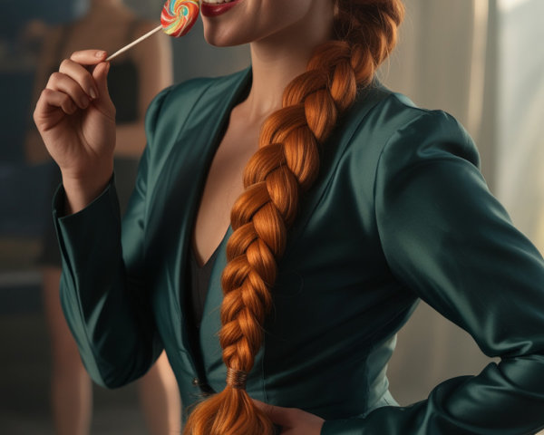 Confident Woman in Green Suit with Red Braid and Lollipop