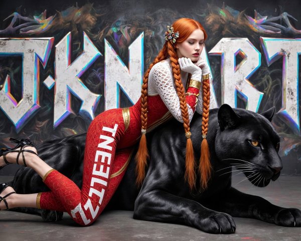 Digital Artwork of Woman in Red Jumpsuit on Panther