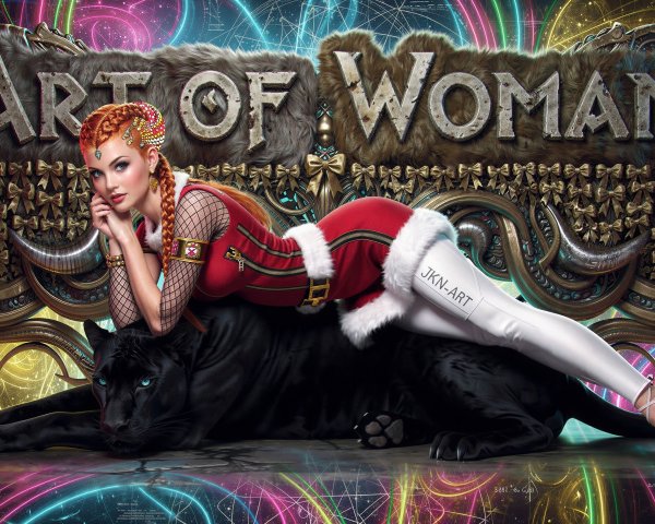 Young woman with red hair on a black panther