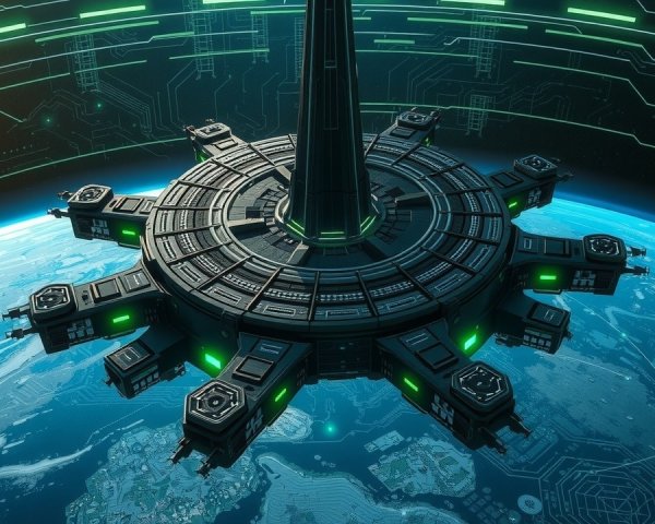 Futuristic Space Station Orbiting Earth with Spire