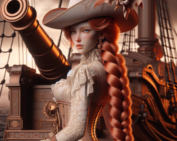Female figure in vintage pirate outfit by a ship's cannon