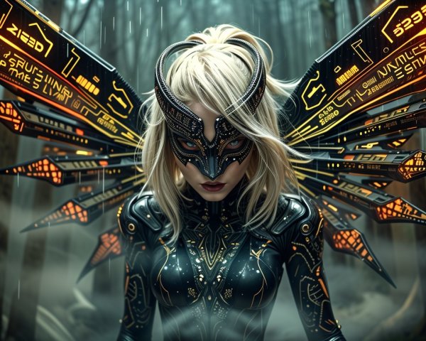 Futuristic Female Figure in Misty Forest with Cyber Wings