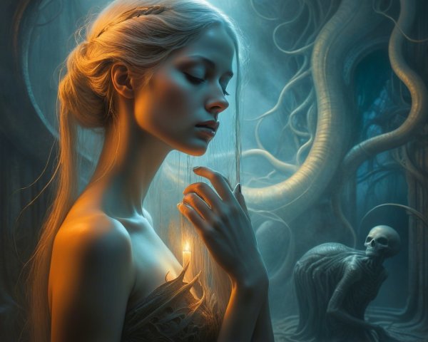 Ethereal Woman with Candle Amidst Shadows and Vines