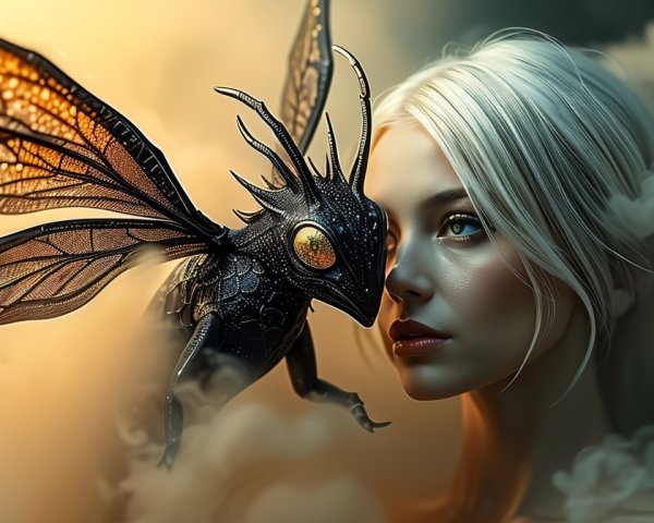 Young Woman with Moth Creature in Ethereal Setting