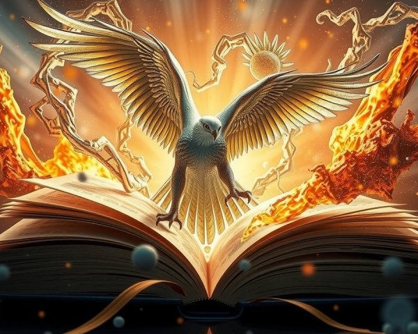 Majestic bird emerging from glowing book with energy