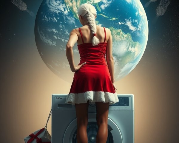 Woman in red dress by washing machine with Earth backdrop
