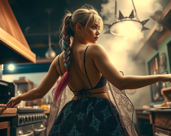 Young Woman in Modern Kitchen with Artistic Decor