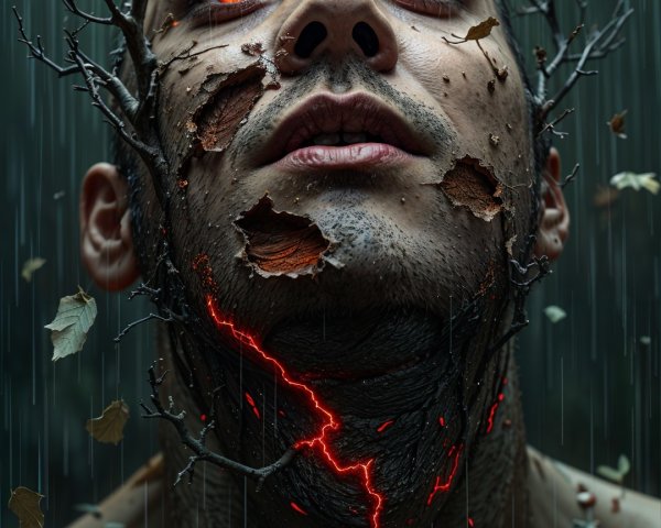 Surreal portrait of a man with bark-like skin and veins