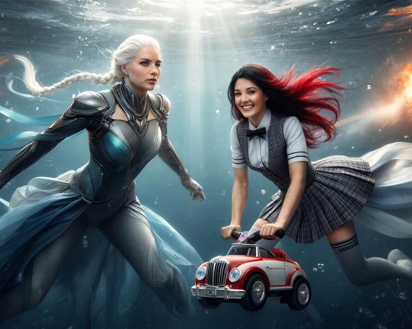 Underwater Scene with Two Women in Unique Attire