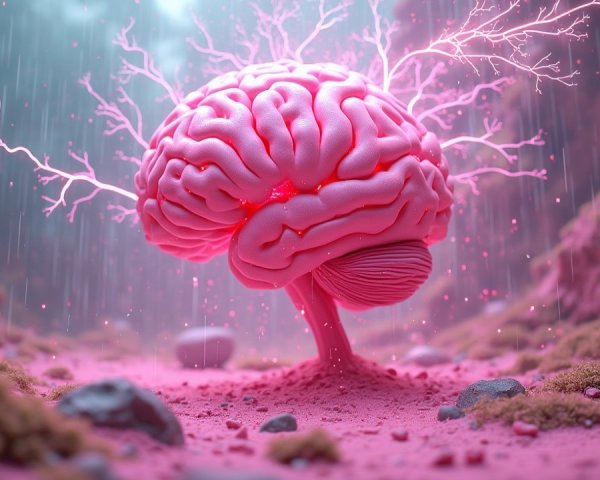 Surreal Brain Emergence in Misty Terrain Scene