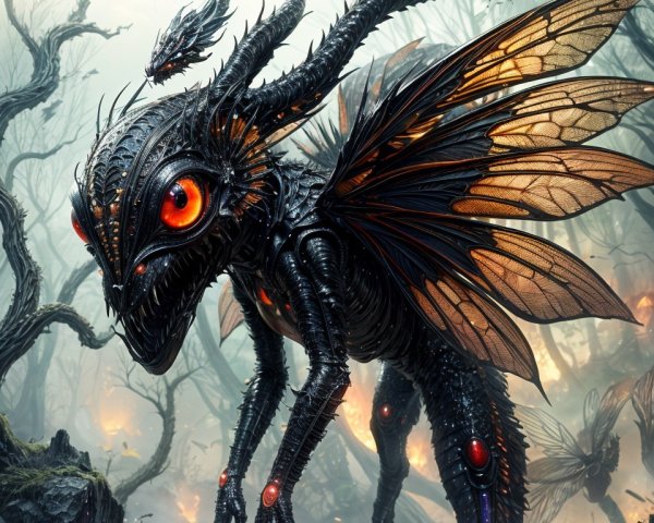 Black Dragon-Butterfly Creature in Mystical Forest
