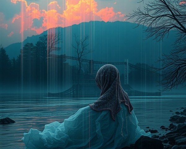 Serene Dusk Landscape with Ethereal Figure by Water