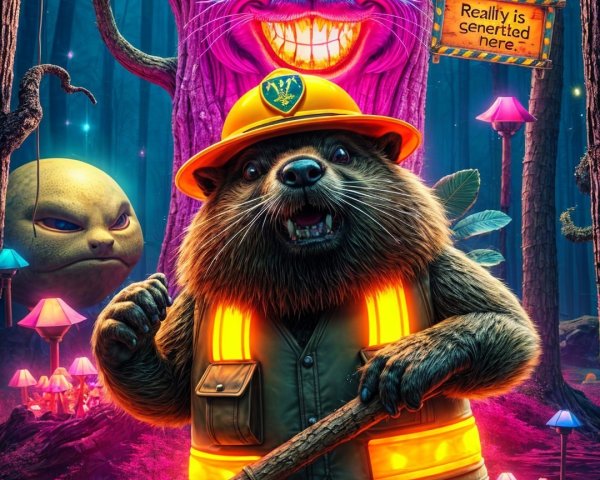 Bear in Safety Vest in Enchanted Forest Scene