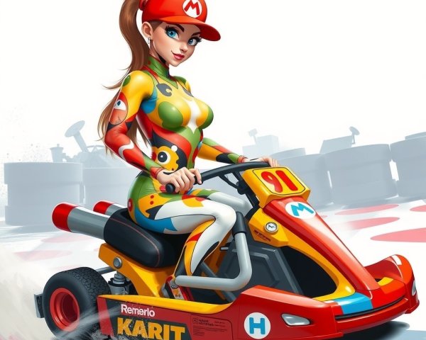 Cartoonish Female Racer in Colorful Go-Kart Design