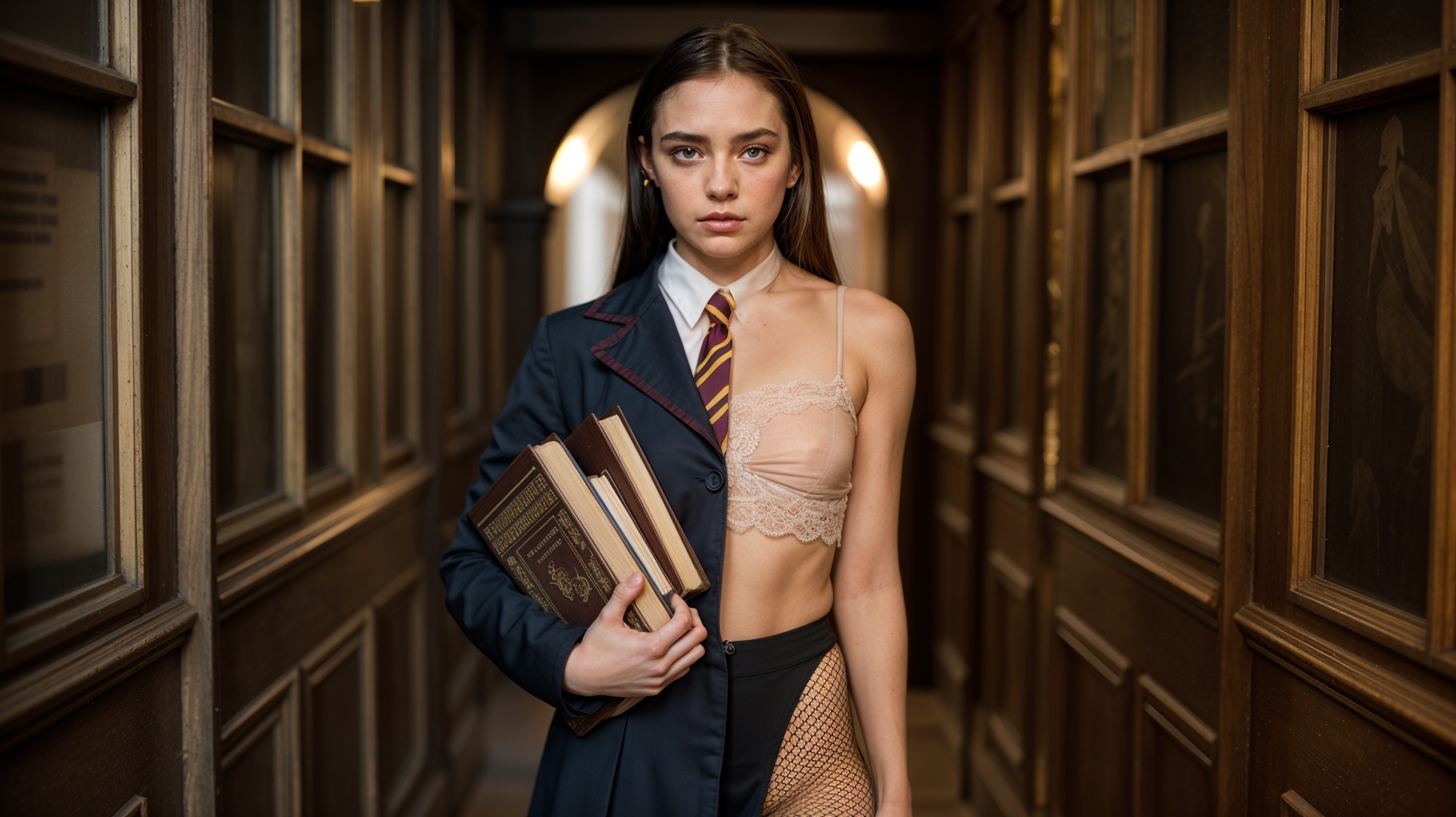 Model in Formal Attire with Books in Dim Corridor
