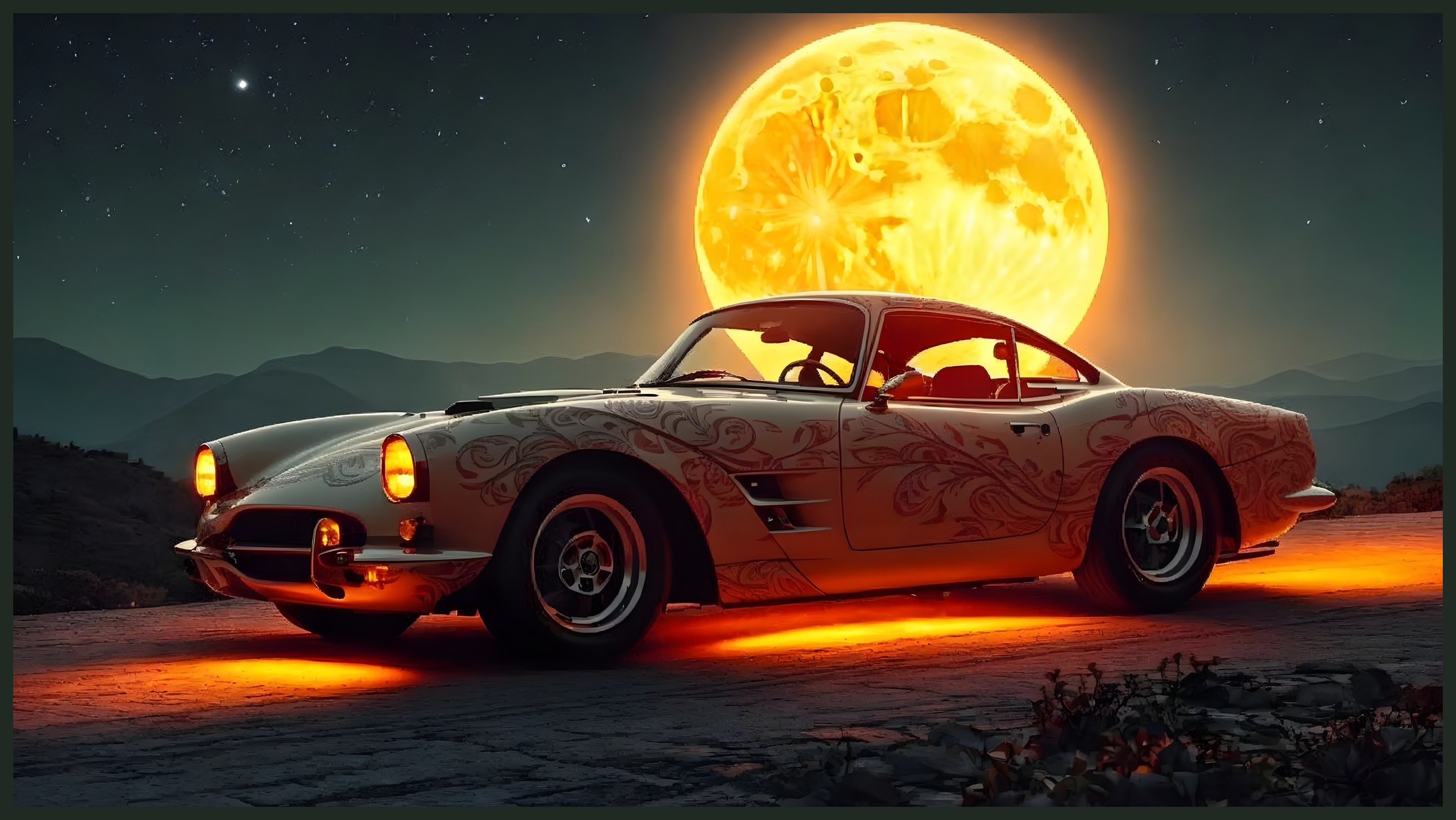 Vintage Sports Car Under Full Moon on Winding Road