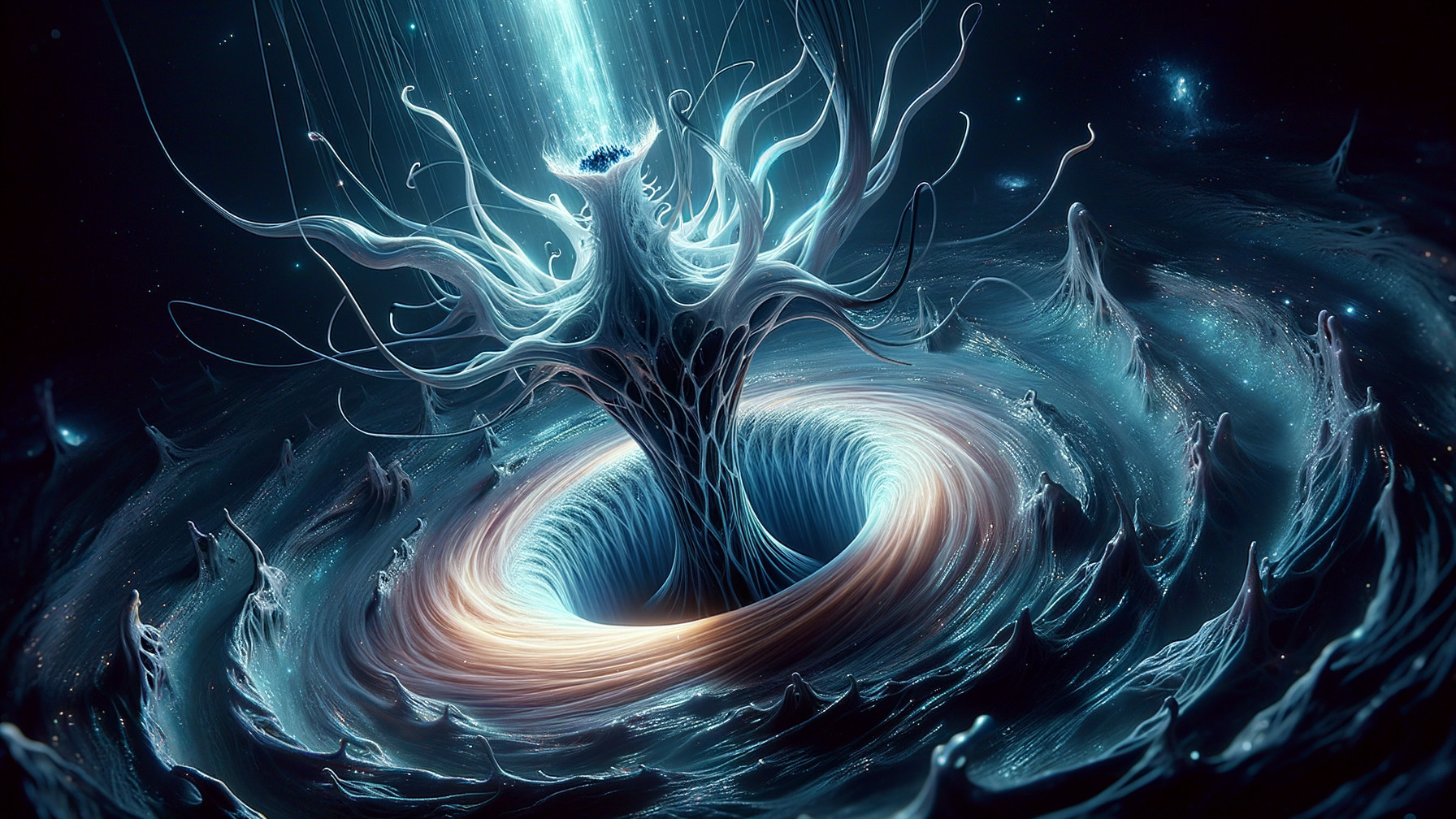 Cosmic Vortex with Ethereal Tendrils and Glowing Light