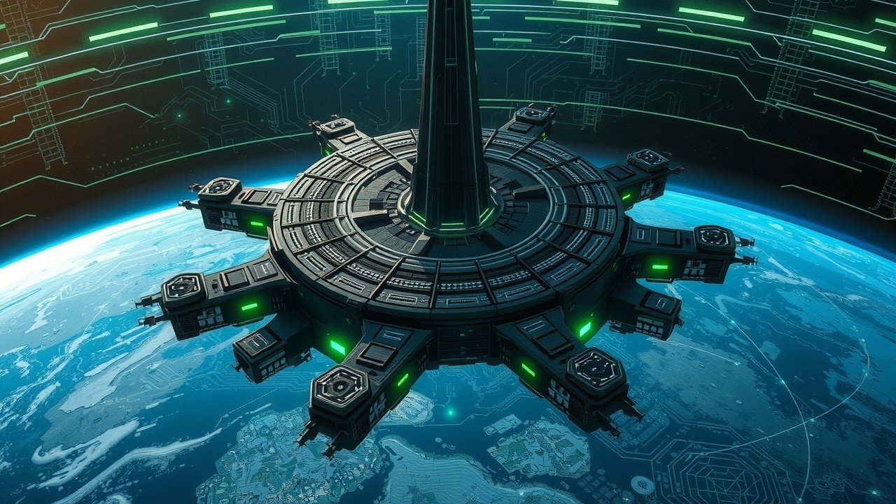 Futuristic Space Station Orbiting Earth with Spire